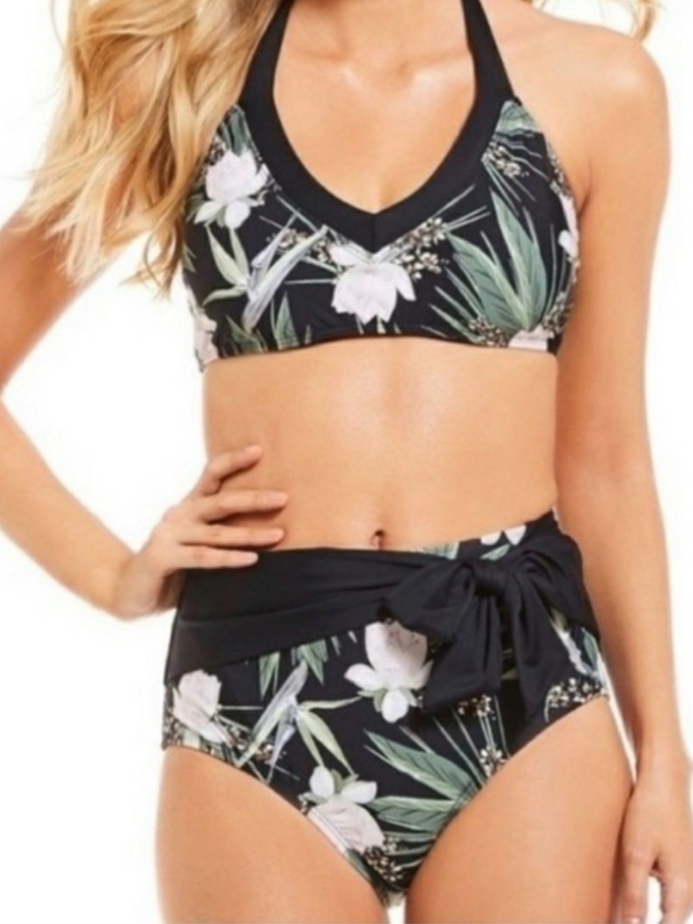 Antonio Melani Black Floral High-Waist Bikini Set
